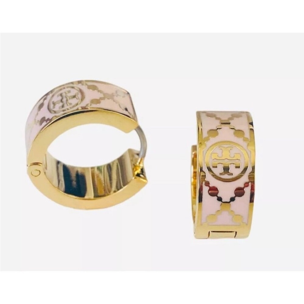 Tory Burch New Monogram Pink Enamel & Gold Plated Huggie Earrings - Picture 3 of 10